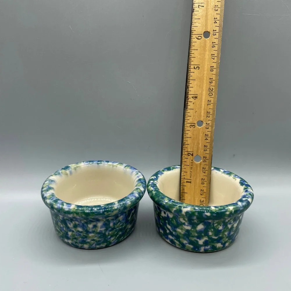 Handmade Ceramic Ramekin‎ Set of 2 Blue Green Spongeware Pottery Dipping Bowls